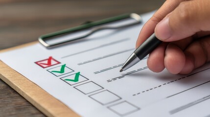 A hand holding a pen next to a checklist with marked selections,