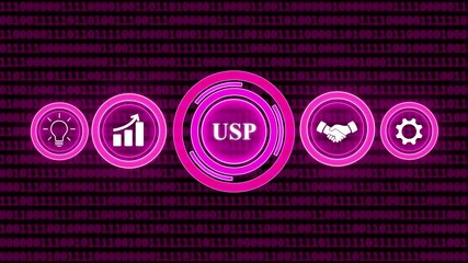 Glowing Blue USP Icons With Binary Code Background And Light Bulb Graph Handshake Gear Symbols unique selling proposition