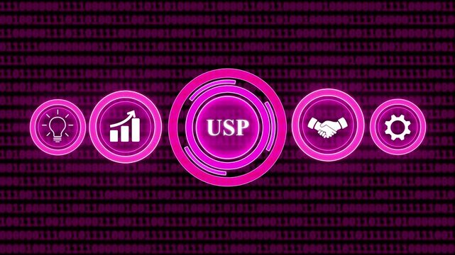 Glowing Blue USP Icons With Binary Code Background And Light Bulb Graph Handshake Gear Symbols unique selling proposition