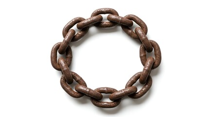 Obraz premium An aged, heavily rusted metal chain forms a perfect circle, its weathered links interconnected to symbolize unity, strength, or a continuous bond against a clean white backdrop