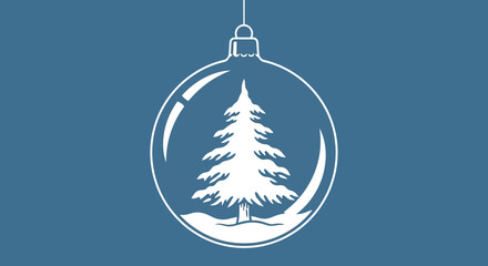 Elegant christmas ornament illustration featuring a stylized pine tree inside a sphere on blue