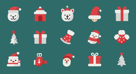 Festive and Flat Christmas Icons Featuring Santa, Gifts, and Holiday Cheer for Design