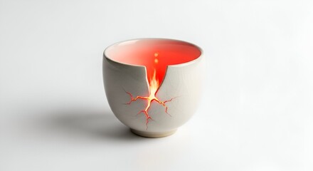 A striking ceramic cup with a fiery red liquid glowing from a crack, symbolizing brokenness and inner warmth
