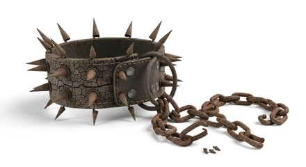 A rugged, spiked dog collar with a rusty chain, symbolizing a harsh or dangerous nature