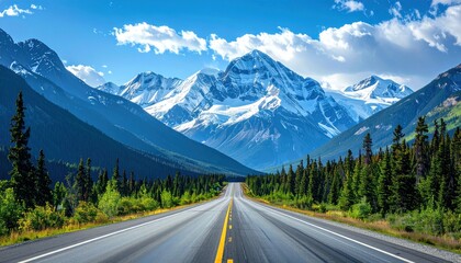 Fototapeta premium Road stretches toward snow-capped mountains under a bright blue, cloudy sky framed by tall green trees on either side of the asphalt highway