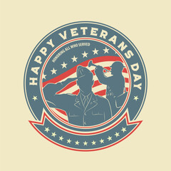 Veterans Day Emblem with Soldier Silhouette and USA Flag. Vector illustration