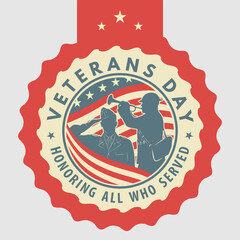 Veterans Day Badge with Soldier Saluting and Bugler Silhouette over American Flag. Vector illustration