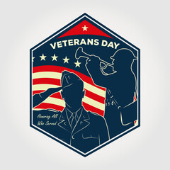 Veterans Day Emblem with Soldier Silhouette and USA Flag. Vector illustration