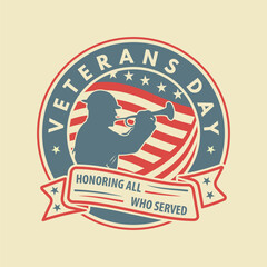 Veterans Day Emblem with Soldier Silhouette and USA Flag. Vector illustration