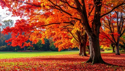 Vivid autumnal scene showcasing a grassy park area fringed by trees aflame with vibrant orange and red foliage, carpeted by fallen leaves