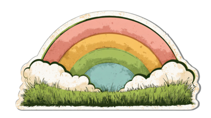 Simple Retro Vintage Sticker Illustration of a Rainbow with Green Grass