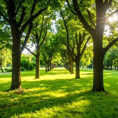 Sunny park pathway lined with trees