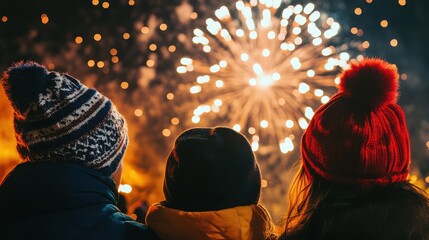 Family watching fireworks display at night with colorful explosions in the dark sky above them all together