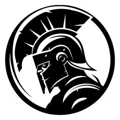 Flat Black Spartan Warrior Logo Featuring Silhouette of Ancient Greek Soldier Helmet in Minimal Vector Style
