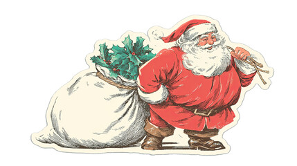 Retro Vintage Santa Claus Illustration with Sack and Holly Sticker