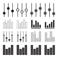 Audio Equalizer Sliders, A collection of black and white vector icons representing various designs of equalizer and volume sliders, in solid and outline styles (1).eps