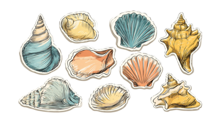 Assorted Retro Vintage Seashells Sticker Collection in Hand-Drawn Style