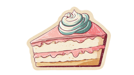 Illustrated retro vintage slice of pink layer cake with blue cream frosting.