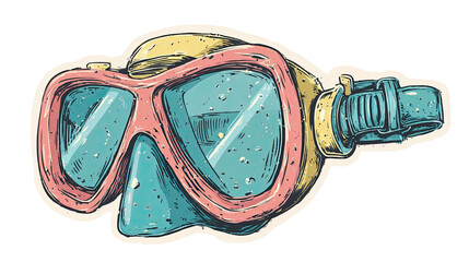 Vintage hand-drawn illustration of a pink and blue snorkeling mask.