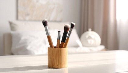 A close-up shot displays makeup brushes standing upright in a bamboo container on a vanity. The background includes a bed