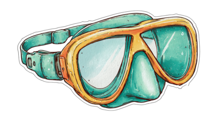 Hand-drawn retro vintage yellow and teal snorkeling mask illustration.