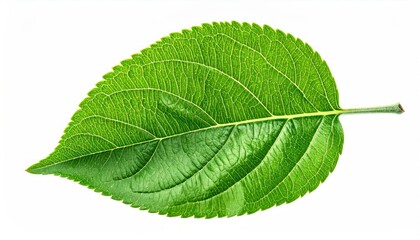 Fototapeta premium A single, vibrant green leaf isolated on a white background showcasing its veins and texture. Clean presentation with focus on detail