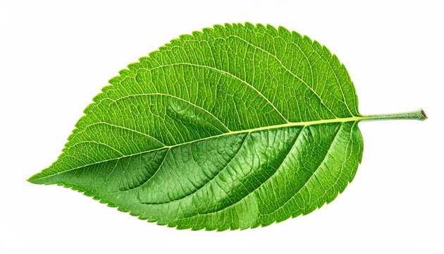 A single, vibrant green leaf isolated on a white background showcasing its veins and texture. Clean presentation with focus on detail