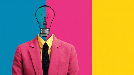 Surreal concept art with light bulb as head, person in pink suit, yellow shirt, black tie, vibrant background, creative idea