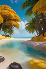 Obraz premium Paradise Beach Scene with Lush Trees, Turquoise Water, and Sunny Skies for Relaxation