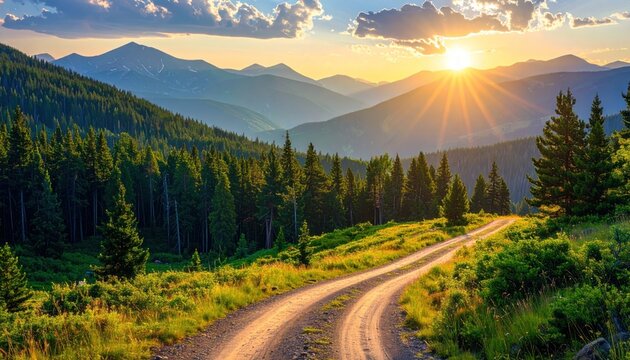 Scenic mountain landscape featuring a dirt road winding through trees, bathed in the warm glow of a setting or rising sun with mountain range backdrop