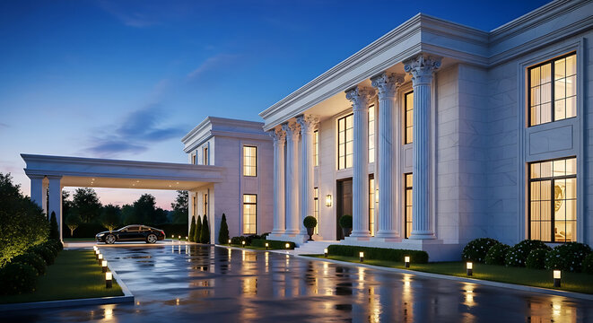 Elegant neoclassical mansion with grand columns and illuminated entrance at twilight featuring a covered driveway and manicured landscaping reflecting in wet pavement