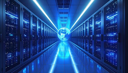 A glowing globe floats at the end of an aisle of server racks, illuminated by blue light, suggesting global networking and data management