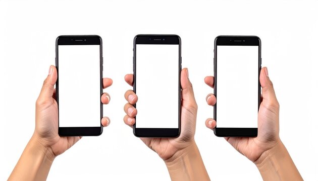 Three hands each hold a modern smartphone with a blank white screen, isolated on a clean white background. Mockup concept for app or website - Powered by Adobe
