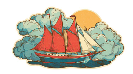 Retro vintage sailboat yacht illustration on ocean with clouds and sun