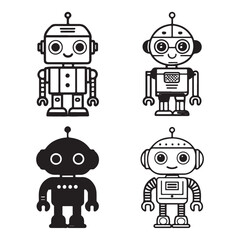 Robot Character Icons, A diverse set of stylized robot designs, in both outline and solid black and white styles, on a light background (1).eps