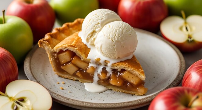 A slice of warm apple pie with vanilla ice cream.