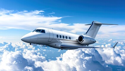 Fototapeta premium Sleek white jet soars through blue sky, fluffy clouds beneath. Glimpses of blue skies peek through the cloud formations