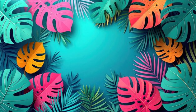 Vibrant tropical leaves in various colors form a frame around a gradient turquoise center, creating a lush and eye-catching composition