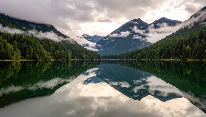 Serene lake nestled between tree-covered mountains, mirrored perfectly in still waters under a cloudy, atmospheric sky