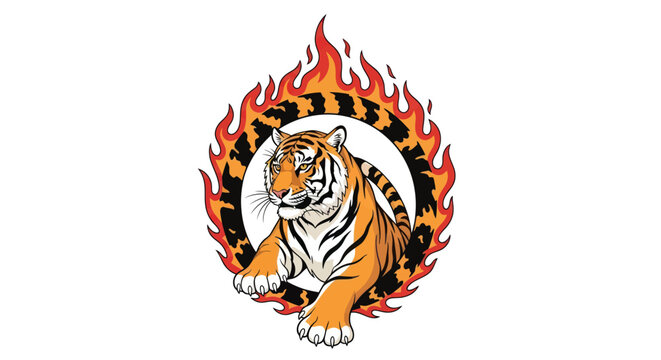 Fiery feline courage symbolic vector, tiger emerging through ring of fire design
