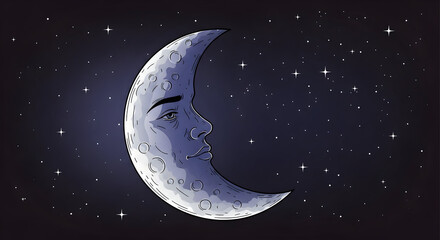 Stylized Crescent Moon with Face in Starry Night Sky Illustration
