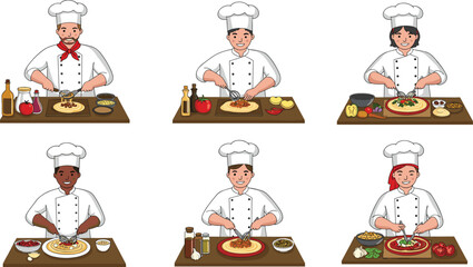 Cartoon chefs preparing pizza, professional cook illustration, Italian food preparation, kitchen art, culinary teamwork, gourmet cooking, restaurant menu design, delicious recipe concept