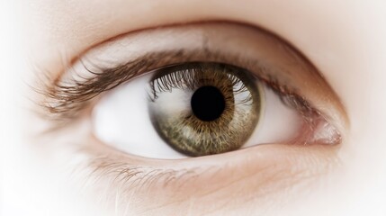 Fototapeta premium Close-up of a human eye showcasing intricate details, brown iris with gold flecks, glistening pupil, long lashes,