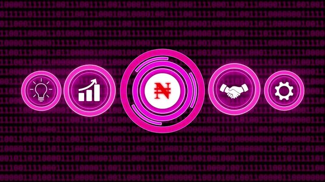 Blue Neon Icons for Business Growth and Digital Currency on Binary Code Background finance technology.