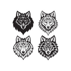 Wolf Head Vector Set, Four distinct black and white wolf head designs, from tribal to detailed (3).eps