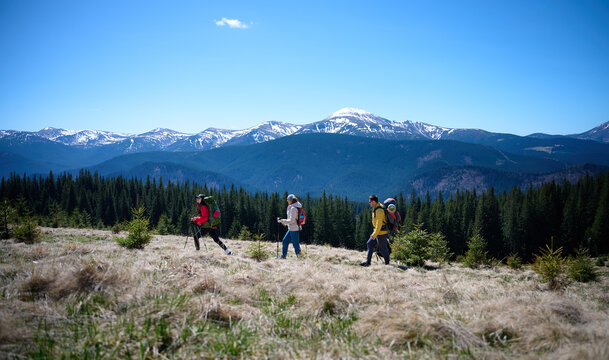 Experienced hikers walking on a mountain trail. Group of friends equipped with hiking gear climbing the mountain. Scenery of snowy mountains. - Powered by Adobe