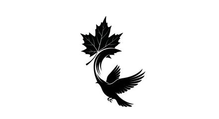 Minimalist silhouette artwork of a bird gracefully carrying a maple leaf in flight