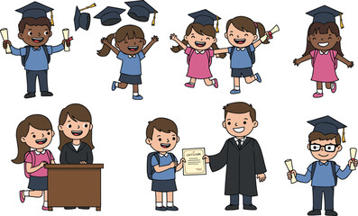 Happy school children celebrating graduation ceremony with diplomas, caps, and gowns, students receiving certificates, joyful kids education success event