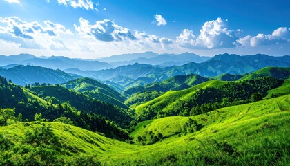 Fototapeta premium Verdant hills cascade in layers under a bright blue sky dotted with clouds, showcasing depth and serene nature