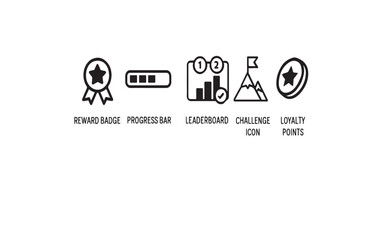 Fototapeta premium Print Gamification in marketing icon set – reward badge, progress bar, leaderboard, challenge icon, and loyalty points, clean bold vector, isolated on white background